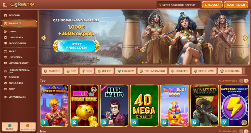 Bild der Startseite des Cleobetra Online Casinos